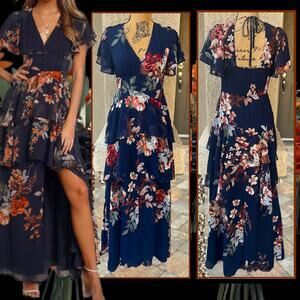 Lulus Midnight Mood Lilac Floral Print Tiered Maxi Dress Size M